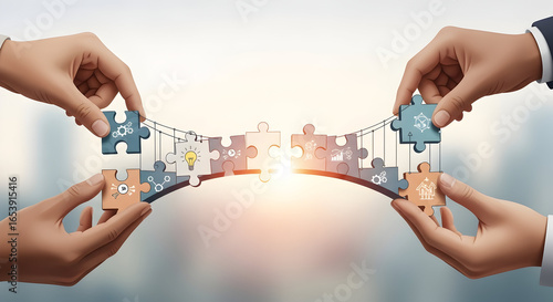 Hands building puzzle bridge teamwork
