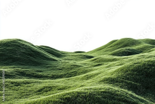 Lush green grassy hills against white