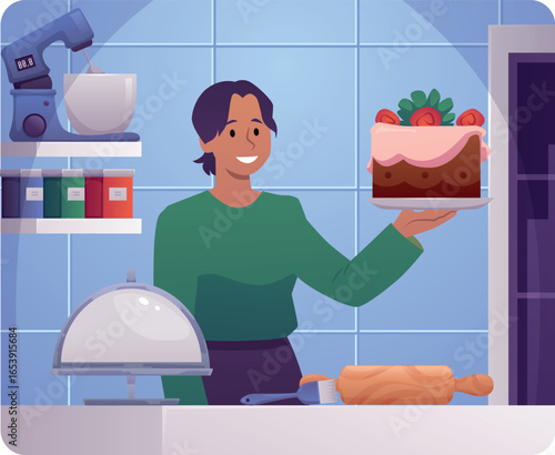 Woman confectioner presenting cake with cream and strawberries, culinary baker in the kitchen vector flat illustration