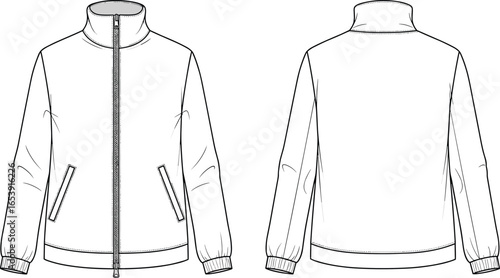 Zip up bomber jacket flat sketch, front and back view, cad fashion vector illustration, technical drawing with pockets and ribbed cuffs