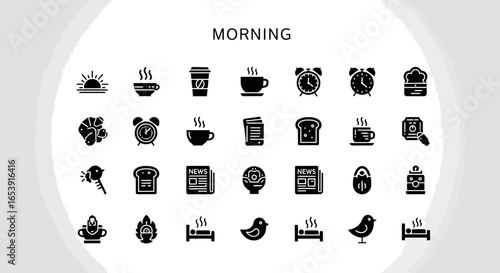 Morning icons set: sunrise, waking up, and daily routine symbols.