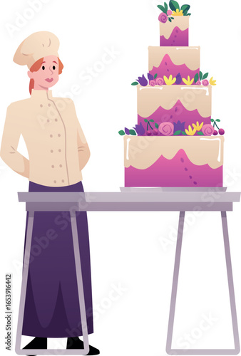 Woman confectioner presenting huge cake decorated cream flowers and berries, vector flat professional culinary baker