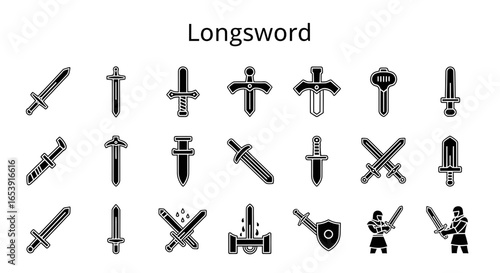 Longsword icons set: medieval, weapon, and historical combat symbols.