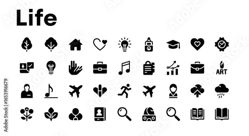 Life icons set: family, community, and lifestyle symbols.