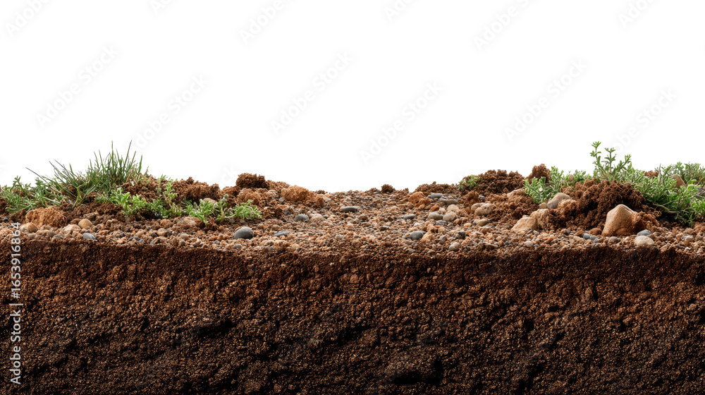 Fototapeta premium Cross-Section of Earth: An intricate cross-section showcases the layers of earth, including fertile soil, small plants, and various textures and hues, revealing the essential elements of the planet