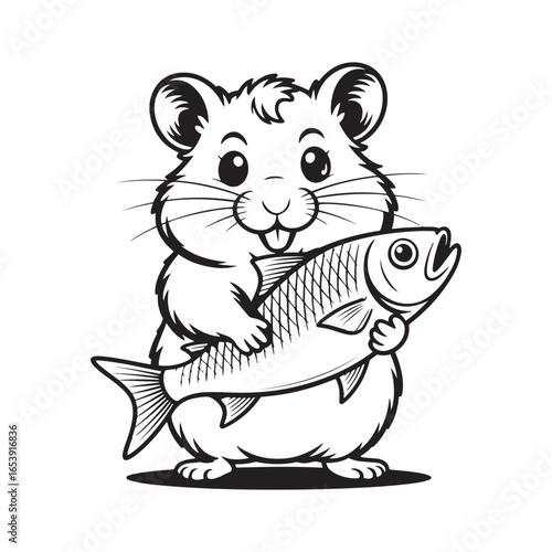Happy Hamster Holding a Large Fish on White Background fishing catch