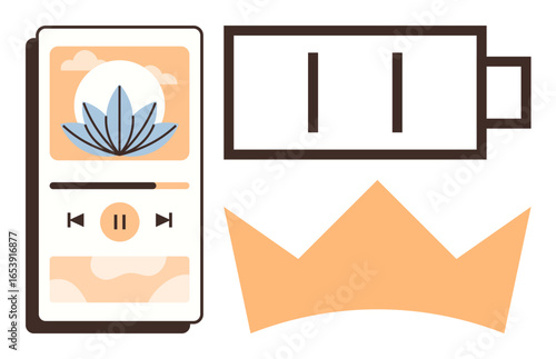 Music player with a lotus, paused battery icon, and orange crown. Ideal for mindfulness, meditation, self-care, relaxation, empowerment balance digital wellness. Simple flat metaphor