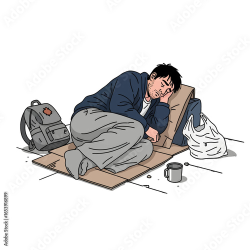 Homeless Man Sleeping on Cardboard with Backpack and Shoes in a City Street Illustration of Poverty and Unemployment Crisis with Depression in White Background