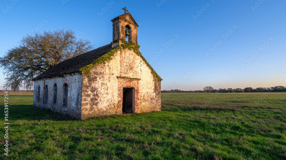 Rustic chapel surrounded by lush green grass under a clear blue sky at sunset, evoking a sense of solitude and serenity in nature's beauty Rustic chapel surrounded by lush green grass under a clear blue sky at sunset, evoking a sense of solitude and serenity in nature's beauty
