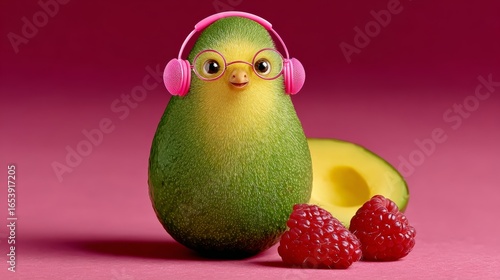 A cartoonish green avocado with pink headphones on its head sits on a pink background. A small red raspberry sits next to the avocado