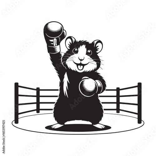 Cartoon hamster boxer raising a gloved fist in victory inside a boxing ring on a white background gloves