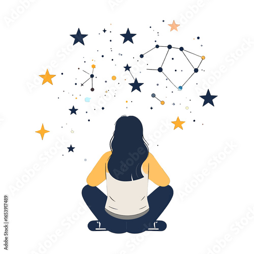 Woman Sitting in Lotus Position Contemplating Starry Sky and Constellations Spiritual Connection in Dreamlike State Vector Illustration