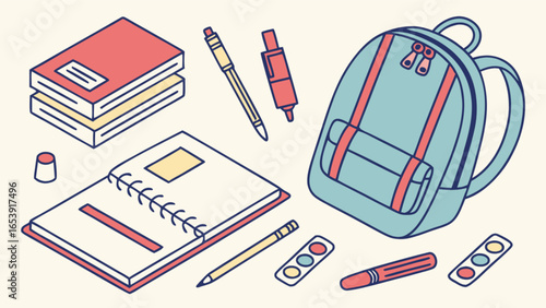 Back to school supplies backpack books notebook pens pencils watercolor education stationery study learning art