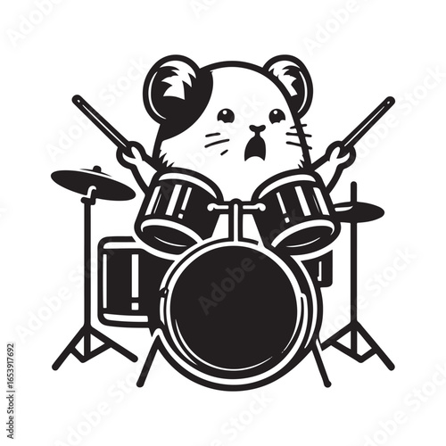 Cartoon hamster playing a drum set with drumsticks on a white background drummer