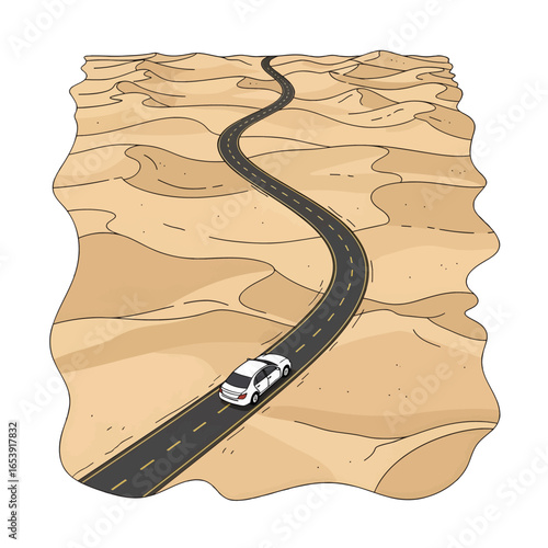 Desert Road Trip with White Car Under Sunny Sky Featuring Curving Asphalt and Cartoon Style Landscape