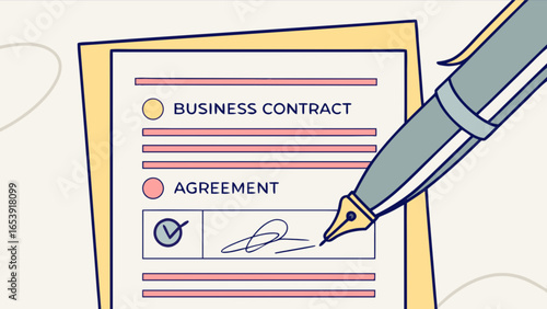 Business contract agreement signing legal document with pen for company partnership deal and terms