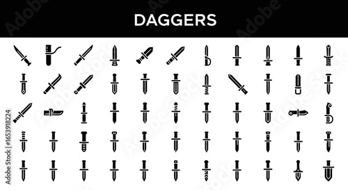 Dagger icons set: medieval, weapon, and fantasy symbols.