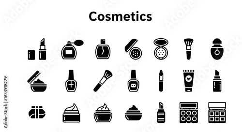 Cosmetics icons set: beauty, makeup, and skincare symbols.