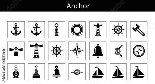 Anchor icons set: nautical, sailing, and maritime symbols.