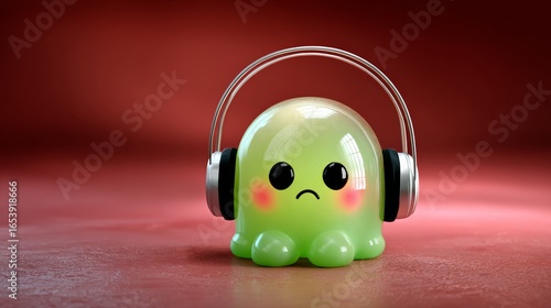 Wallpaper Mural A green, fuzzy creature with headphones on its head. The creature is sad and he is listening to music Torontodigital.ca