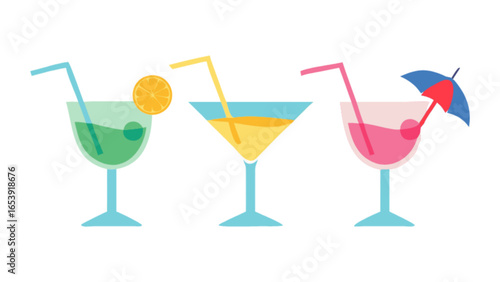 Colorful summer cocktail drinks illustration with straw and umbrella for party and vacation themed designs