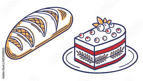 Delicious bakery bread loaf and cake slice with berries vector illustration for food blog and recipe website