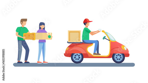 Fast delivery service with scooter and team carrying package for online shopping and express delivery app