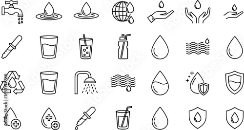 Water icons set, droplet, tap, glass, recycle, filtration, hydration, health, protection, clean water symbol, outline vector illustration for conservation and environment