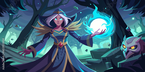 Anime sorceress casting magic spell in mystical forest battle with glowing eyes facing shadowy figure