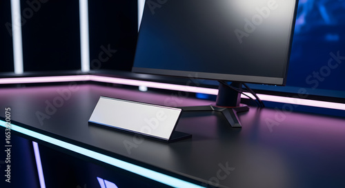 Esports desk with monitor and blank nameplate in neon lighting