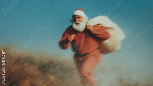 National Be Late For Something Day Santa Claus Running in Snowstorm with Gifts High-Quality Winter Holiday Rush for Last Minute Delivery Marketing Campaigns