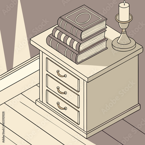 Cozy Reading Nook: A quaint illustration of a bedside table adorned with a stack of antique books and a lit candle, hinting at a relaxing evening of reading.