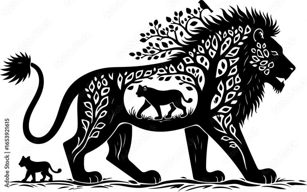 Obraz premium Lion Silhouette with Underwater Coral Scene | Minimalist Vector Illustration