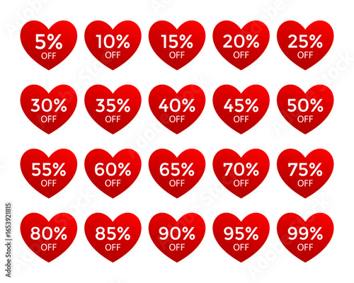 Red heart shaped stickers with different discounts. Sale labels for informing about special offers. Vector cliparts promotions and discounts bundle.
