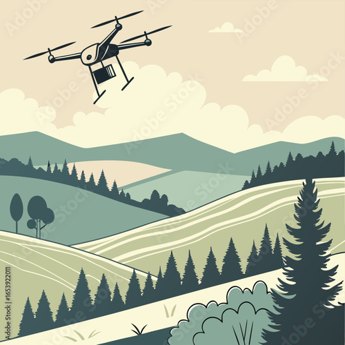 Drone Over Serene Landscape: A modern drone soars above a picturesque valley. capturing the essence of technological advancement harmonizing with the tranquility of nature.