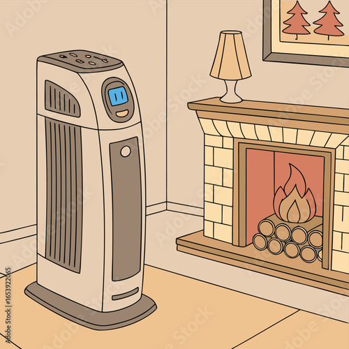 Cozy Corner: An air purifier and fireplace enhance the warmth of a home in a relaxing setting.