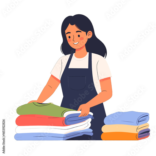 Smiling Woman with Dark Blue Apron Sorting Folded Colorful Clothes Stack at Home Cartoon Illustration