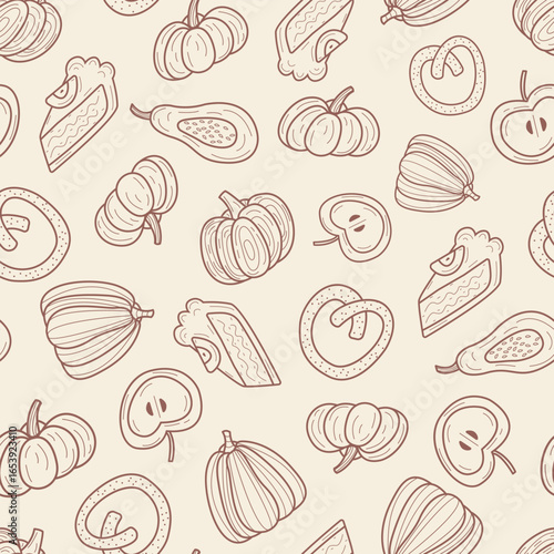 Vector pattern with pumpkin pie and pretzel Autumn pattern Pattern with food for textile paper.