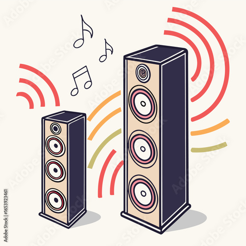 Sound Symphony: A vibrant, colorful illustration of two speakers emitting musical notes and sound waves, symbolizing music and audio enjoyment.