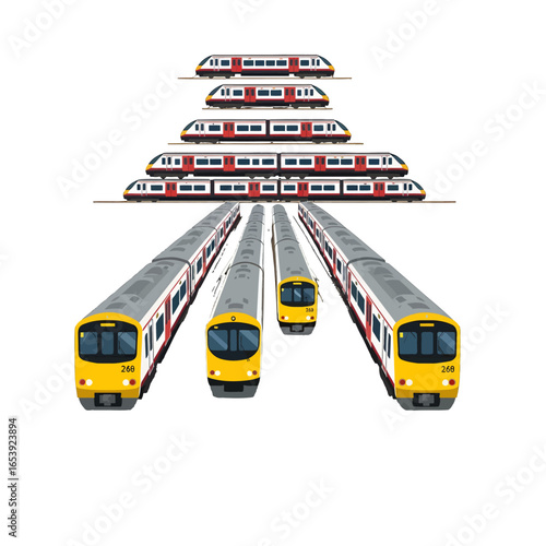 Pixelated Illustration Of Various Train Carriages On White Background With A Stacked Formation Displaying Transportation And Travel Concepts