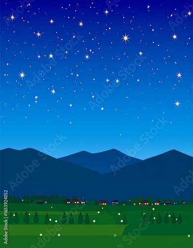 Night scene of a village nestled in a valley, beneath a starlit sky