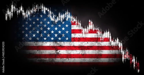 US flag overlaid with a tattered chart depicting a market downturn