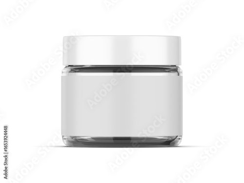 Transparent cosmetic jar mockup with paper label on isolated white background, 3d illustration