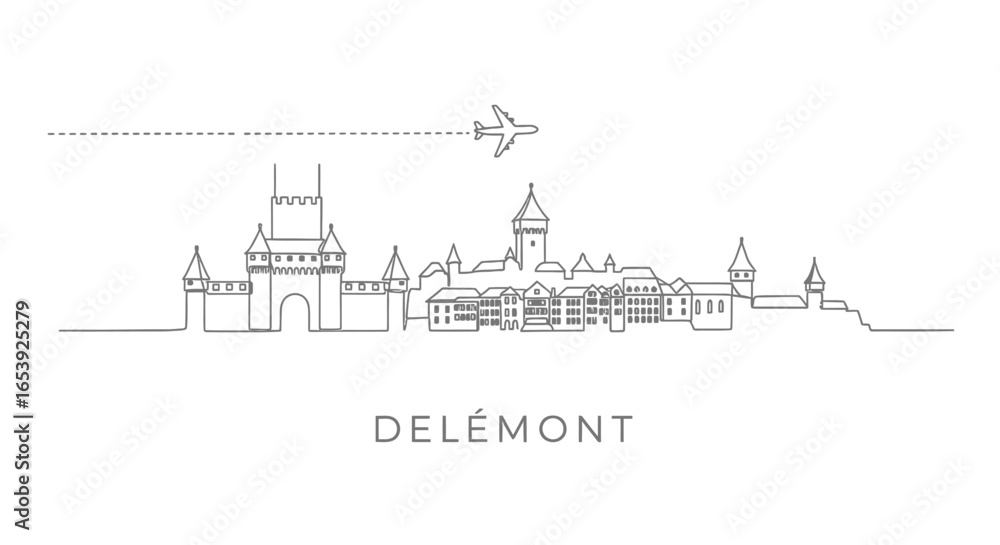 Obraz premium Delemont Skyline Swiss City Line Art Airplane.