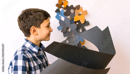 Boy holding paper creations, looking at artwork