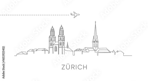 Zurich Skyline Outline with Airplane, and Switzerland.