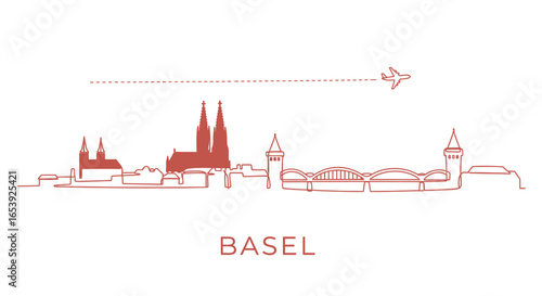 Basel with Switzerland Skyline Outline, Airplane, and Travel.
