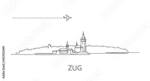 Zug City Skyline with Line Art, and Plane.