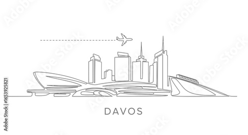 Davos Skyline with Line Art, Airplane, and Switzerland.