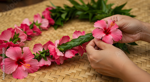 Hands making a beautiful floral garland with pink hibiscus. Hands arranging a beautiful hibiscus flower on a braided palm leaf to form a traditional Pacific island garland on a woven surface.